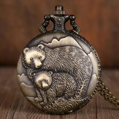 นาฬิกาพกควอตซ์แฟชั่นลายหมีนาฬิกาพกย้อนยุควินเทจพร้อมสายโซ่สายโซ่ของขวัญสำหรับผู้ชายผู้หญิง