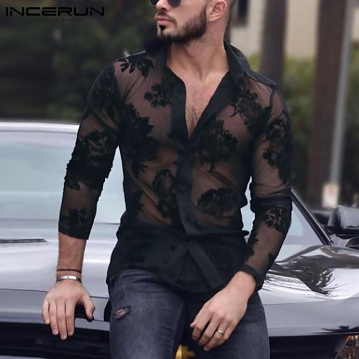 Incerun Mens Floral Sheer T Shirt Long Sleeve Fit Mesh Tops See Through Causal Teewestern Style 