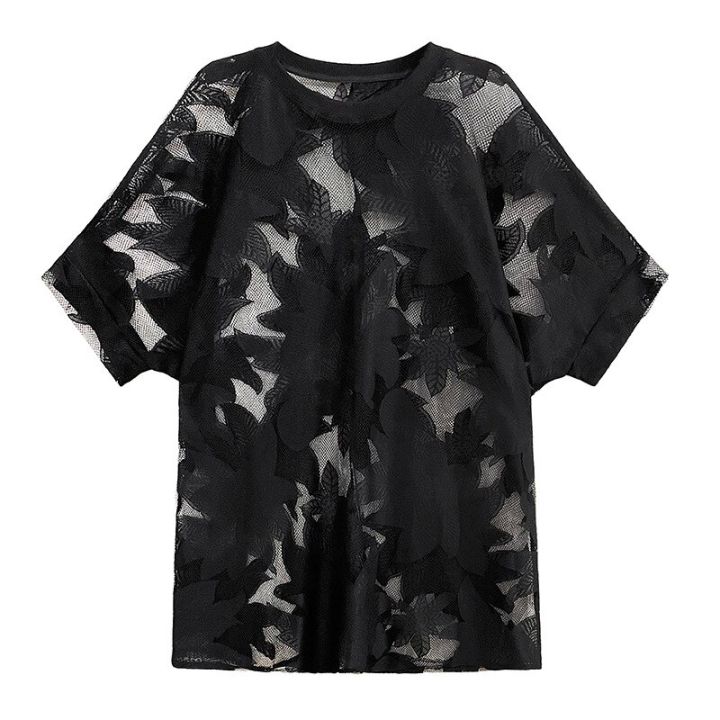 xitao-t-shirt-black-hollow-out-lace-loose-women-t-shirt