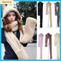 WENYOU Cute Winter Warm 3 In 1 Plush Velvet Pocket Gloves Hats Hooded Scarf