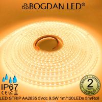 LED STRIP, K-AA2835-120–DC-5V IP67 3000K-WARM WHITE ยี่ห้อ BOGDAN LED แอลอีดีไฟเส้นสำหรับตกแต่ง 600LED/5M 47.5W/5M Grade-A ราคาต่อ 1 ม้วน