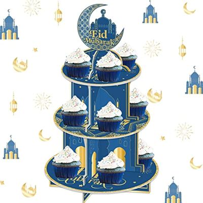 ของตกแต่งงานปาร์ตี้ JOLLYBOOM Ramadan Mubarak ขาตั้งเค้กกระดาษแข็ง Eid Mubarak 3ชั้นธีม Kareem สีน้ำเงินชั้นจัดแสดงคัพเค้กขนมหวานของหวานพับได้สำหรับอุปกรณ์งานปาร์ตี้เฉลิมฉลอง