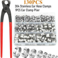 130Pcs 304 Stainless Steel Single Ear Hose Clamps Ear Clamp Pincer Assortment Kit for Securing Hoses Automotive Use