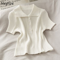 Neploe Solid Candy Color Knitted T Shirt Women Turn Down Collar Short Sleeve Buttons Tee T-Shirt Femme Camiseta Feminina 1E877