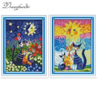 【CC】 Cats and The Counted DMC 11CT 14CT 18CT silk multi picture Embroidery Needlework plus