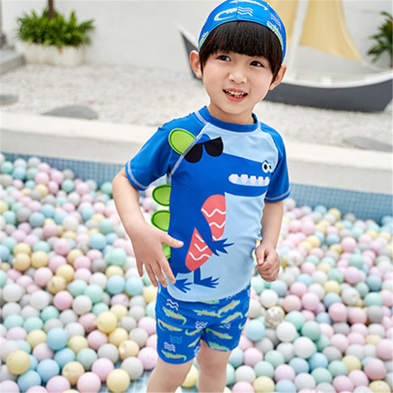 Blue Boys Two Pieces Rash Guard Swimsuits Kids Short Sleeve Sun Suit Dinosaur Swimwear Set Navy 