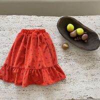 Korean Childrens Clothing 2021 Autumn Winter New Girls Half Skirt Orange Red Plus Velvet Floral Corduroy Skirt for Baby Girl