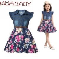 Summer Denim Dress Belted Above Knee Floral Bottom Girls Casual Frock 6 8 10 12 Years Kids Daily Wear Fashion Outfit of the Day  by Hs2023