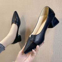 Comfortable thick middle high heel pointed Versatile ashion soft leather women shoe heels