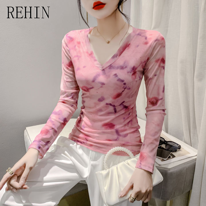 rehin-เสื้อยืดคอวีสลิมฟิตแขนยาวสำหรับผู้หญิง-เสื้อมาใหม่ล่าสุดแฟชั่น