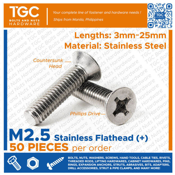 TGC 50PCS M2.5 x 325mm SS Flathead Phillips Drive / SUS Countersunk JF