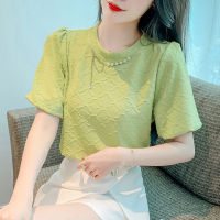 เสื้อสตรีแขนสั้นสีเขียวเสื้อผ้าชีฟองฤดูร้อนแฟชั่นเสื้อเชิ้ตเกาหลีหรูหรา