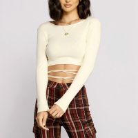 Sexy Open Back T-Shirt Long Sleeve Tie Up Cropped Tops Casual Tops T-Shirt