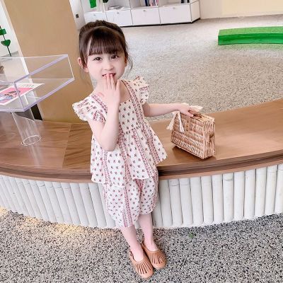 Girls vest dress skirt with shoulder-straps summer wear western style suits the broken flower children two-piece small princess for girl