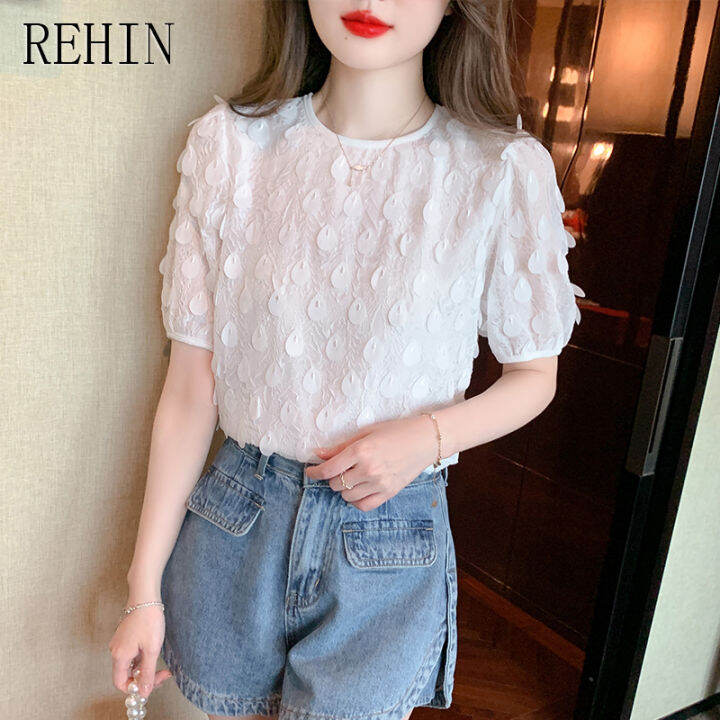 rehin-เสื้อแฟชั่นแขนพองฝรั่งเศสทรงหลวมของผู้หญิง-เสื้อเสื้อผู้หญิงแขนสั้นเก๋ไก๋