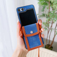 เคสโทรศัพท์แฟชั่นคาวบอยวินเทจสำหรับ Samsung Galaxy Z Flip 5พร้อมเคสสายเชือกยาวสำหรับ Z Flip5กระเป๋าขนาดเล็กช่องเสียบบัตรฝาครอบ Zflip5