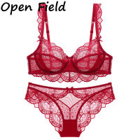 Field Women Underwear Bra Panty Set Sexy Lace Ultra Thin Hollow-Out Underwire Bra Panty Lingerie Suit