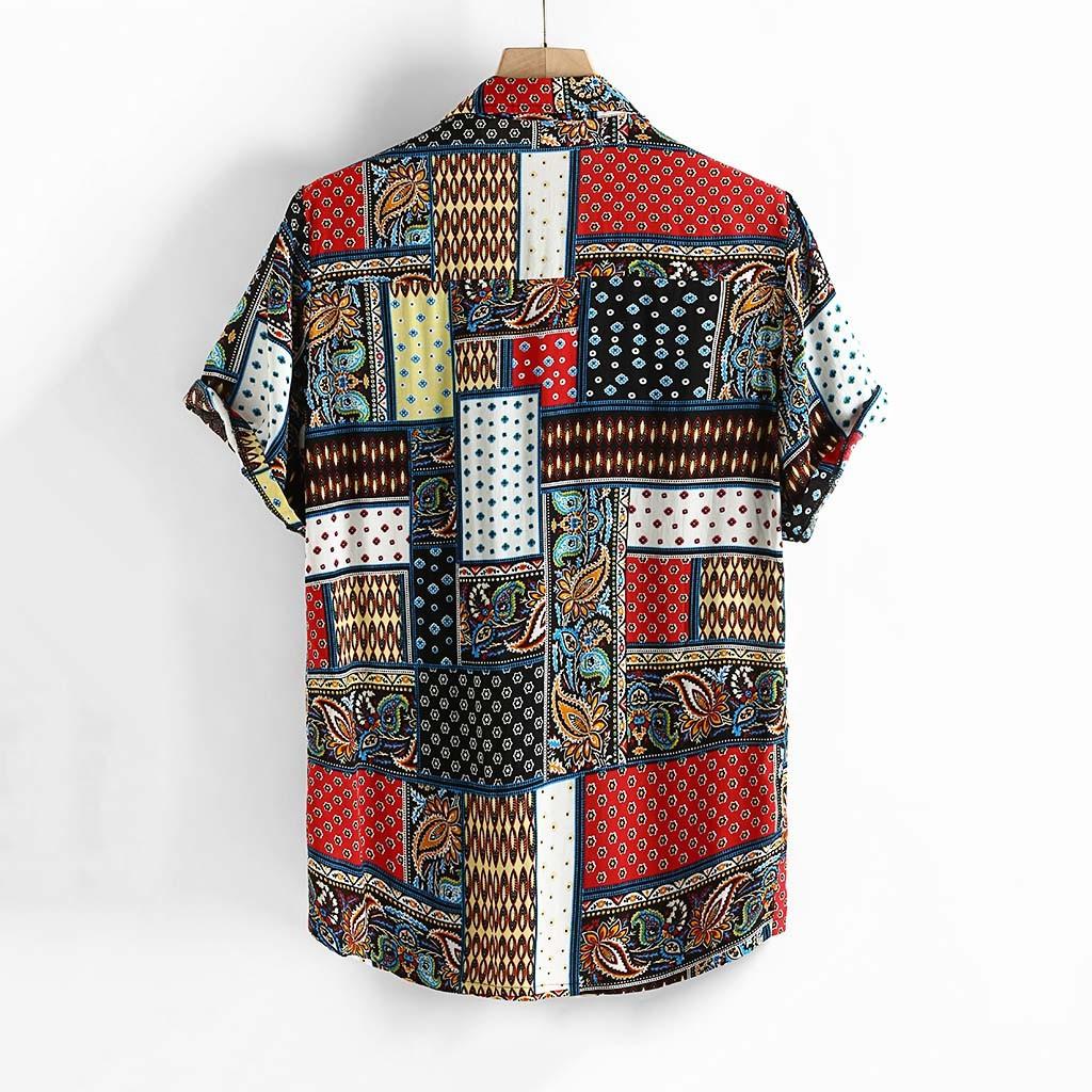 LEKODE Men Shirts Vintage Ethnic Printed Short Sleeve Loose Tee Casual T-Shirts 
