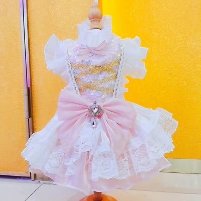 Handmade Pet Dog Autumn Winter Clothes Luxury Sequin Crystal Bow Lace Princess Dresses For Small Medium Dog Clothing Yorkshire Dresses
