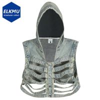 Skeleton Hooded Denim Vest Men Techwear Darkwear Blue Black Jeans Vests Streetwear Harajuku Hip Hop Vest Y2K Tops