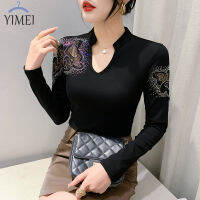 YIMEI เสื้อคอวีเซ็กซี่สำหรับผู้หญิง,เสื้อเสื้อเชิ้ตชายคอวีเซ็กซี่สำหรับฤดูใบไม้ร่วงและใบไม้ผลิ