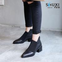 ☼✖ Stretch pointed toe short boots for women with medium heel 2022 new autumn style square heel thick heel single boots trendy European and American style short tube plus velvet nude boots