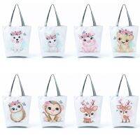 Customized Kawaii Animal Pattern Handbags Rabbit Pig Dog Owl Sloth Deer Print White Womens Tote Cute Portable Gift Travel Bags