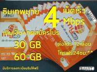 ซิมมาย ซิมเทพ 4Mbps 30GB100บาท,60GB120บาทต่อเดือน มีบริการลงทะเบียนให้ฟรี