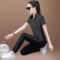 Moeroshe Casual two-piece womens summer Black print short-sleeved top and pants Sporty casual suit plus-size M-5XL womens suit