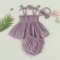 3Pcs Newborn Baby Girls Summer Outfits Clothes Set Cotton Linen Casual Sleeveless Tie Strap Shirred Tops+Shorts+Headband Suit  by Hs2023