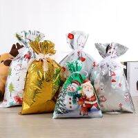 【LZ】♣☫❁  Feliz Natal Sacos de plástico com cordão Papai Noel Gift Bags Cookies Candy Packaging Bag Grande Ouro e Cor Prata Xmas Goods 2024 1Pc