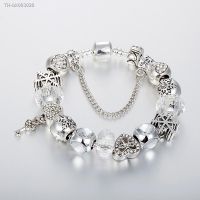 ☋ White Clear Glass Beads Bracelet Femme Fine Antique Silver Color Snowflake Charm Pendant Bracelet for Women DIY Jewelry Gifts