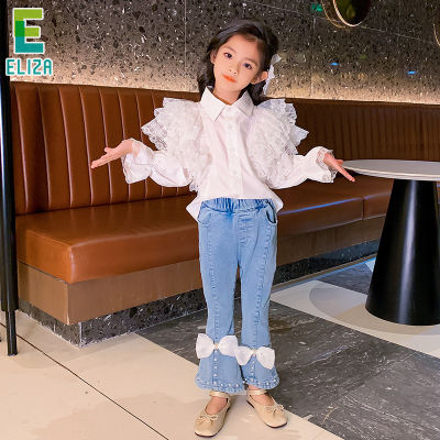 ES Childrens clothing girl suit western childrens lace shirt and jeans two-piece suit