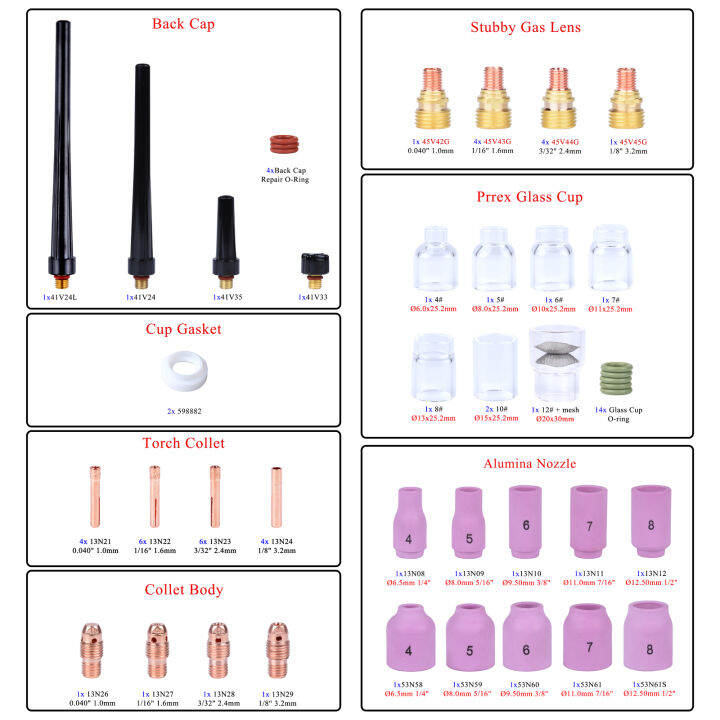 เลนส์แก๊สอุปกรณ์เสริมสำหรับงานเชื่อมสำหรับเชื่อมด้วยทิค75ชิ้น-ชุด-sloki-kaca-อุณหภูมิสูง-wp17-wp-18-wp26