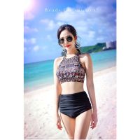 Swimsuit women split chest gathered swimwear female high waist show thin conservative swimming suit ladies bikini beachwear summer swimming wear