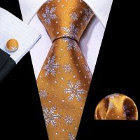 Christmas Men Tie Set Gold White Snowflake Red Blue Green Gingle Bells Trees Necktie Pocket Square Cufflinks Barry. Wang