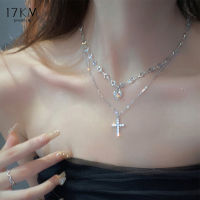 17KM Elegant Pink Heart Cross สร้อยคอผู้หญิง Vintage Pearl Choker จี้อุปกรณ์เสริมเครื่องประดับ