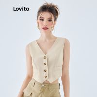 ☎ Lovito เสื้อครอป แขนกุด คอวี กระดุมด้านหน้า สีพื้น สไตล์วินเทจ สำหรับผู้หญิง L49ED017 (แอปริคอท)