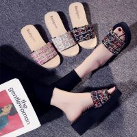 New fashion cool article a word procrastinates rainbow weaving wedges slippers outside stylish women summer casual and comfortable beach shoes