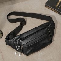 Sports PU Leather Mens Waist Bag Multifunction Crossbody Bag Casual Chest Bag Man Fanny Pack Business Black Shoulder Bag Running Belt