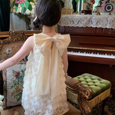 Retail New Baby Girls Summer Boutique Beading Back Bow Vest Dress Princess Kids Sweet Birthday Dresses Holiday 2-8 T