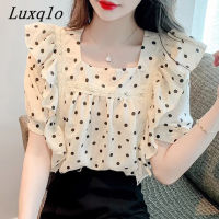 Luxqlo เสื้อเสื้อสตรีแขนสั้นลายจุดสไตล์เกาหลีสำหรับผู้หญิง,เสื้อทรงหลวมลำลองดีไซน์มีระบายแฟชั่นใหม่ฤดูร้อน