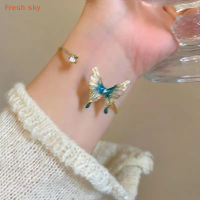 Fresh sky สร้อยข้อมือแบบเปิดรูปผีเสื้อสีเขียวแนววินเทจสำหรับผู้หญิงสร้อยข้อมือแฟชั่นแบบปรับได้