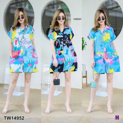 MM14952 Jumpsuit #สาวอวบ จั๊มสูทสั้น คอปก ไหล่ล้ำ กระดุมหน้ายาว มีกระเป๋าล้วงข้างลำตัว 2 ข้าง