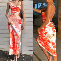 Modelhouses # Womenoomph Slip Dress, Orange Tie-Dyed Printed Pattern Sleeveless Boat Neck One-Piece,S/m/l/xl/xxl