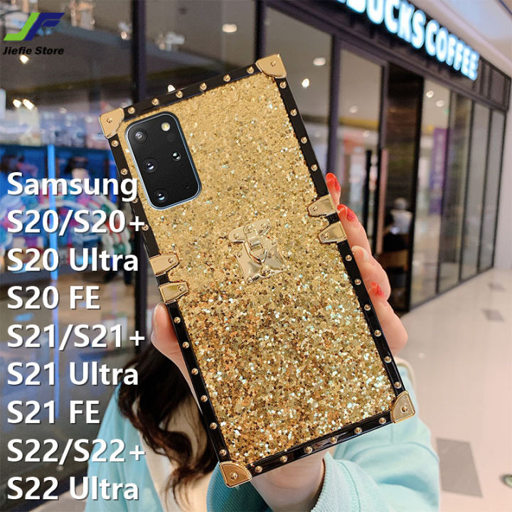 jiefieสำหรับsamsung-galaxy-s20-s20-s20-ultra-s20-fe-s21-s21-s21-ultra-s22-s22-s22-ultra-เคสโทรศัพท์สแควร์glitter-blingแฟชั่นยี่ห้อกรอบตอกหมุดปลอก