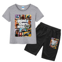 กางเกงชุดเซ็ตเสื้อยืด0000 Grand Theft กางเกงถักลายการ์ตูนสำหรับเสื้อแขนสั้นเด็ก