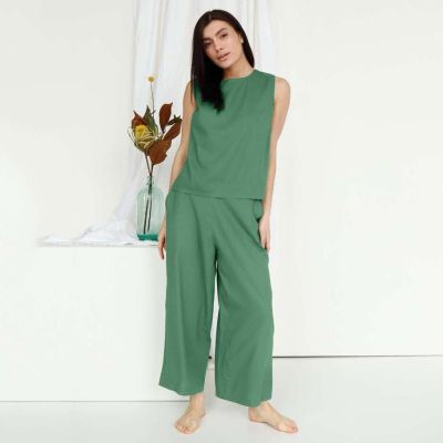 Womens Pajama Set Summer Sleeveless O Neck Solid 2 Pcs with Pant Ladies Sleepwear Cotton Autumn Home Clothes for Female
