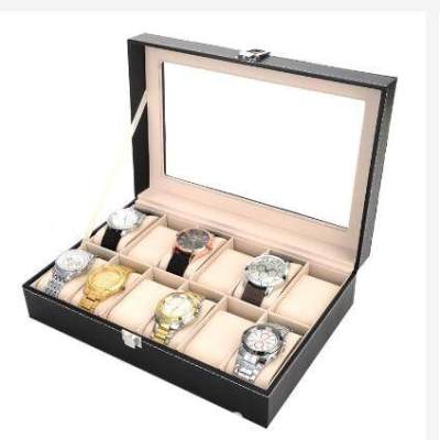 กล่องใส่นาฬิกา 12ช่อง กล่องเก็บนาฬิกา กล่องใส่นาฬิกาข้อมือ กล่องนาฬิกา ที่เก็บนาฬิกา กล่องนาฬิกาข้อมือ (สีดำ) ตัวล็อคแน่นสนิท บุหนา