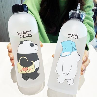 【High-end cups】 1000มิลลิลิตรขวดน้ำน่ารักแพนด้าหมีถ้วยด้วยฟางใสการ์ตูนขวดน้ำ Drinkware F Rosted ถ้วยรั่วหลักฐาน
